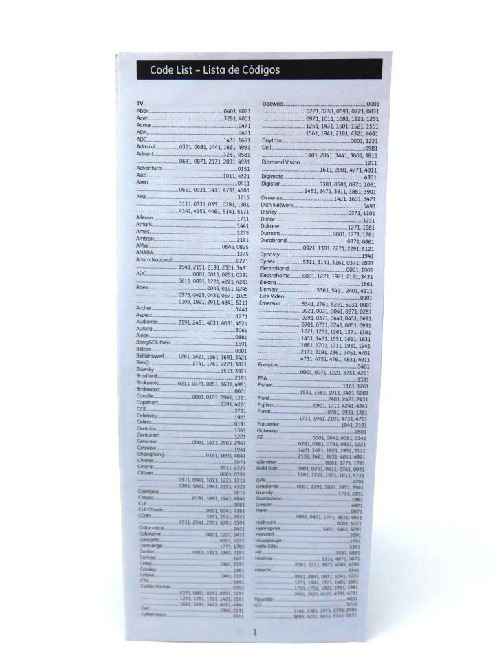 code list for rca universal remote